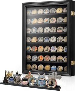 DecoWoodo Military Challenge Coins Display Case Wall Mount with HD Glass Door, 7 Rows Coin Holder Display Cabinet Rack Shadow Box with Removable 2 Grooves