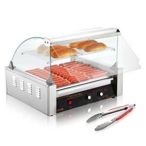 VEVOR 1650W Stainless Sausage Grill Cooker with Dual Temp Control, Glass Hood, Acrylic Cover, Bun Warmer Shelf, Removable Drip Tray, 11 Rollers 30 Hot Dogs Capacity