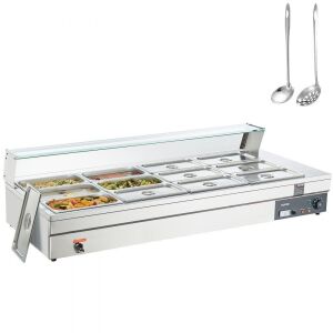 VEVOR 12-Pan 8QT Electric Steam Table with Tempered Glass Cover, 1800W - Small Chip in Glass Panel