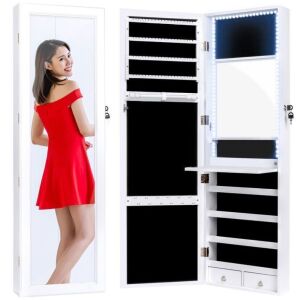 Door/Wall Mount Mirror Jewelry Cabinet Armoire w/ Inside Mirror, LED Lights 