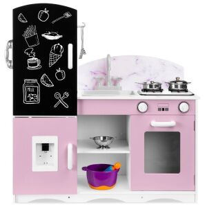 Wooden Pretend Play Kitchen Toy Set for Kids w/ Chalkboard, Marble Backdrop, 7 Accessories