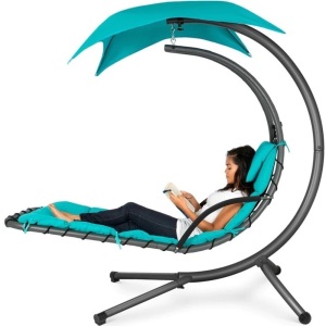 Hanging Curved Chaise Lounge Chair w/ Built-In Pillow, Removable Canopy 73"(L) x 46"(W) x 78"(H)