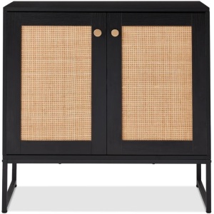 2-Door Rattan Storage Cabinet Accent Furniture for Living Room w/ Foot Pads 