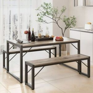 Dining Table Set for 4 with 2 Benches, Grey 