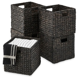 Set of 5 Collapsible Hyacinth Storage Baskets w/ Inserts - 12x12in 