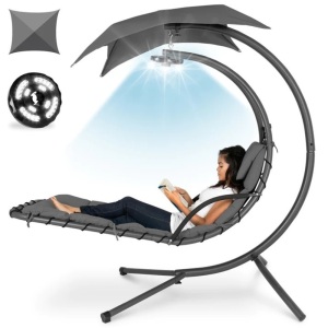 Hanging LED-Lit Curved Chaise Lounge Chair w/ Pillow, Canopy, Stand