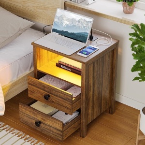 Nightstand with LED Lights,Bedside Table with Charging Station,Wooden Night Stand with USB/Type-C Interface&2 Drawer End Table for Bedroom/Living Room/Apartment-Brown