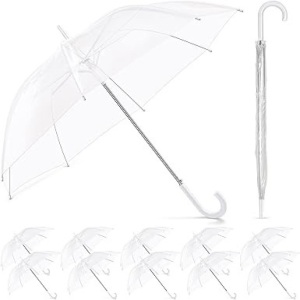 Reginary 12 Pack Clear Umbrella Wedding Style Stick Umbrellas Large Canopy Windproof Transparent Stick Umbrellas Wedding Rain Transparent Umbrellas Bulk Auto Open J Hook Handle