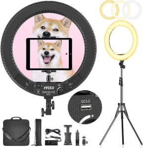 IVISII 18 inch Ring Light with Stand and Phone Holder & Ball Head, 60W Bi-Color 3000-5800K, Professional Ring Light with Tripod for Makeup, Vlog, Tattoo, Large Ring Light for Phone, Camera, Tablet