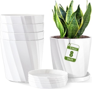 8 Inch Plastic Flower Pots Set 5 Pack with Drainage Holes and Saucers, Tray. Large Planters for Indoor Plants, House, Outdoor Plants, Orchid. Unique Decorative Planting Pots, White