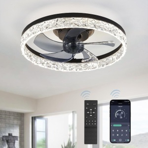 LEDIARY 20" Modern Ceiling Fans with Lights and Remote, Dimmable Low Profile Ceiling Fan, Flush Mount Bladeless Ceiling Fan, Stepless Color Temperature Change and 6 Speeds - Black