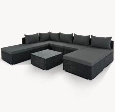 Polibi Black 8-Pieces Patio Wicker Outdoor Conversation Sets with Gray Cushions