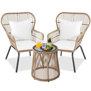 3-Piece Patio Wicker Conversation Bistro Set w/ 2 Chairs, Glass Top Table 