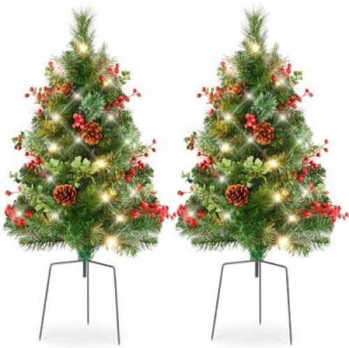 Set of 2 Pre-Lit Pathway Christmas Trees w/ Pine Cones, Timer - 24.5in&nbsp;