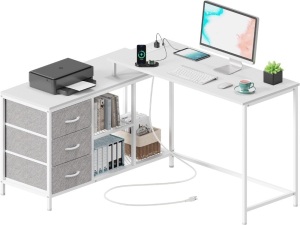 SUPERJARE L Shaped Desk with Power Outlets, Computer Desk with Drawers & Shelves, Corner Desk Gaming Desk Home Office Desk, White