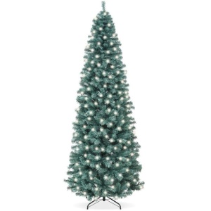 Pre-Lit Blue Spruce Pencil Christmas Tree w/ Metal Base, Incandescent Lights 7.5FT