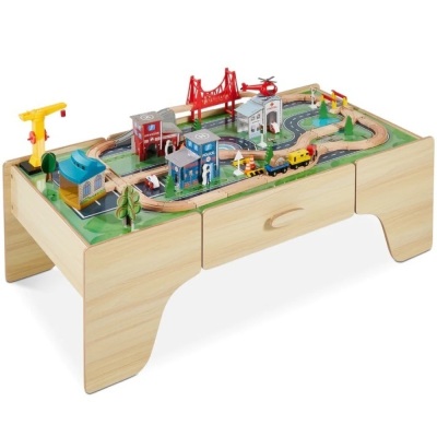 52.75"(L) x 19"(W) x 4.75"(H) 35-Piece Train Table, Large Multipurpose Playset w/ Reversible Table Top