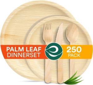 ECO SOUL 100% Compostable Palm Leaf Dinnerware Set [10", 6" Round plates, Fork, Knife, Spoon, 50 Count each] | Biodegradable Disposable Utensils for Wedding, Parties, BBQ