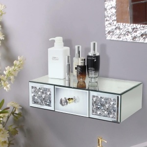 Mirrored Floating Shelf with Drawer.Crystal Diamond Mirrored Wall Shelf.Gorgeous Wall- Mounted Mirror Shelf for Hallway,Bathroom,Bedroom.