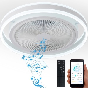 YoloOwl Flush Mount Ceiling Fan with Light and Bluetooth Speaker, 6 Speeds Reversible 3-Color Dimmable Bladeless Ceiling Fan, Low Profile Ceiling Fan Light.