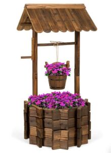 Rustic Wooden Wishing Well Planter Yard Decoration w/ Hanging Bucket 