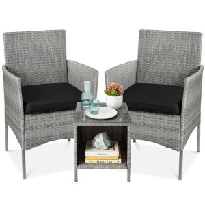 3-Piece Outdoor Patio Wicker Bistro Set w/ Side Storage Table 