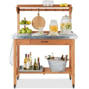 Mobile Outdoor Table and Storage Cabinet w/ 4 Wheels, Stainless Steel Top 