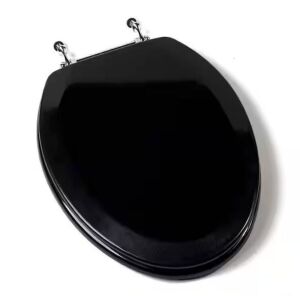 JONES STEPHENS Deluxe Molded Wood Elongated Closed Front Toilet Seat with Cover and Chrome Hinge in Black