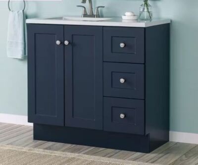 Glacier Bay Bannister 37 in. W x 19 in. D x 35 in. H Single Sink Bath Vanity in Deep Blue with White Cultured Marble Top