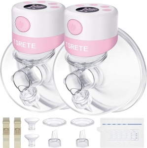 TSRETE Breast Pump, Double Wearable Breast Pump, Electric Hands-Free Breast Pumps with 2 Modes, 9 Levels, LCD Display, Memory Function Rechargeable Double Milk Extractor-21/24mm Flange, Pink