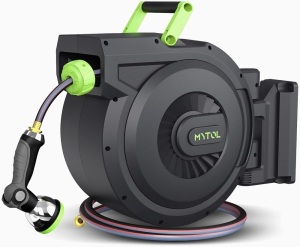 MYTOL Retractable Garden Hose Reel, 1/2 Inch x 100 ft + 6 ft Wall Mount Hose Reel with Automatic Slow Rewind System, Any Length Lock, 10 Patterns Hose Nozzle, 180°Swivel Bracket, for Garden Watering