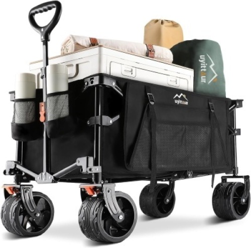 Uyittour Collapsible Folding Wagon Cart Heavy Duty Foldable, Beach Wagon with Big Wheels for Sand, Utility Grocery Wagon with Side Pocket and Brakes for Camping Sports Outdoor Activities, &nbsp;Black&nbsp;32.7"D x 18.1"W x 20.9"H