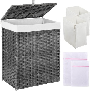 GREENSTELL Laundry Hamper with Lid, 90L Clothes Hamper with 2 Removable Liner Bags & 2 Mesh Laundry Bags, Handwoven Synthetic Rattan Laundry Basket for Clothes, Toys in Bathroom, Bedroom Grey 18.1"L x 13"W x 23.6"H