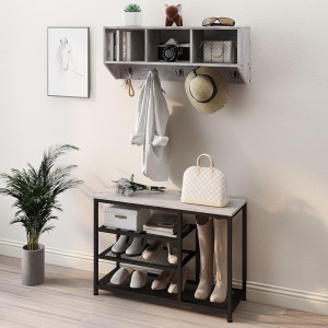 Espelism Coat Rack Shoe Bench Set Entryway Hall Tree with Bench Shoe Rack Wall Mounted Coat Rack 3 Storage Cubbies Display Shelf for Hallway Wooden and Metal Frame (Grey)11.81"D x 31.5"W x 70.87"H