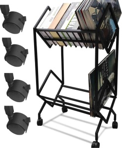 MNKXL Vinyl Record Storage Holder,Double Record Storage Layer with Trolly Wheel Design for 180-220 Vinly Record Albums Display Stand LP Storage Organizer,Lockable Wheels,Sturdy Construction 17"D x 3.7"W x 12"H