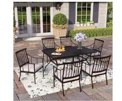 PHI VILLA Black 7-Piece Metal Patio Outdoor Dining Set with Slat Table and Stylish Arm Chairs with Beige Cushions