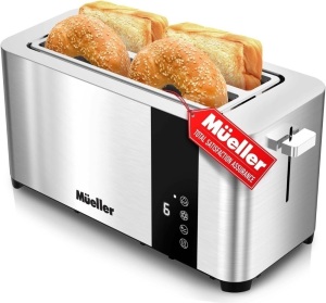 Mueller UltraToast Full Stainless Steel Toaster 4 Slice, Long Extra-Wide Slots with Removable Tray, Cancel/Defrost/Reheat Functions, 6 Browning Levels with LED Display