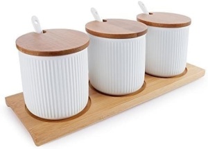 Set of 3 Ceramic Sugar Bowls with Bamboo Lids and 4 Sugar Spoons, 8oz - NEW