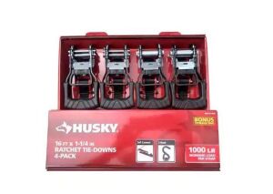 Husky 16 ft. 1.25 in. Ratchet Tie-Down Straps with S-Hook, 4-Pack