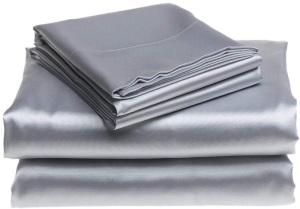 Bedify Bedding 100% Pure Silk Satin 4pc Sheet Set, 15" Deep Pocket Fitted, Flat Sheet, & Pillowcases, Silver/Grey, King Size - Appears New