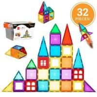 32-Piece Colorful Kids Mini Magnetic Tiles Educational STEM Toy Set w/ Carrying Case
