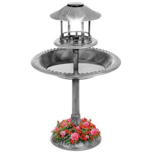 Solar Lighted Outdoor Pedestal Bird Bath w/ Planter, Decorative Bird Cage 