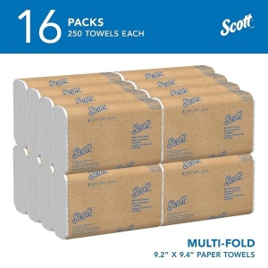 Scott® Multifold Paper Towels (01840), with Absorbency Pockets™, 9.2" x 9.4" sheets, White, Compact Case for Easy Storage, (250 Sheets/Pack, 16 Packs/Case, 4,000 Sheets/Case