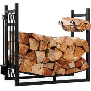 Steel Firewood Log Storage Rack & Tool Set w/ Kindling Holder - 34.25in 