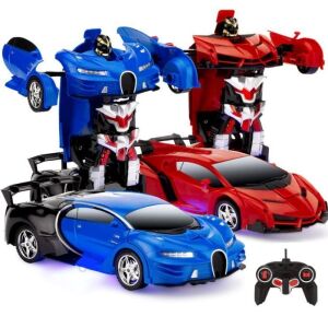 Set of 2 1/18 Scale Interactive RC Remote Control Transforming Drifting Robot Sports Car Action Figure Toys w/ 1 Button Transformation, Light and Sounds 