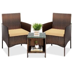 3-Piece Outdoor Patio Wicker Bistro Set w/ Side Storage Table 