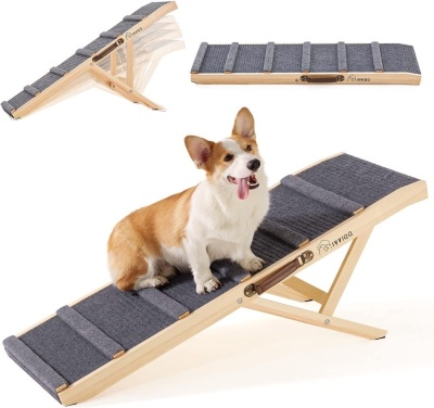 Dog Stairs, Wooden Adjustable Dog Ramp 43.5'' Long 5 Heights 250LBS Capacity Non-Slip Foldable with Leather Handle for Couch Bed Car Indoor Outdoor 43.3"L x 15.75"W x 24.02"H