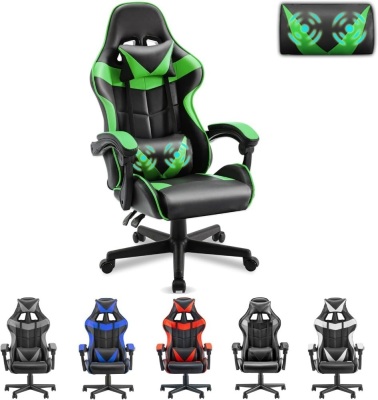 Soontrans Green Gaming Chair with Massage,Racing Gamer Chair for Teens, Ergonomic Game Chair with Adjustable Headrest and Lumbar Support (Jungle Green) 33"D x 24"W x 49.2"H