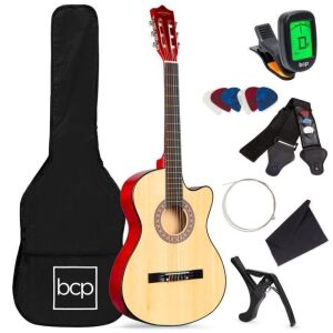 Beginner Acoustic Guitar Starter Set 38in w/ Case, All Wood Cutaway Design, Strap, Tuner 