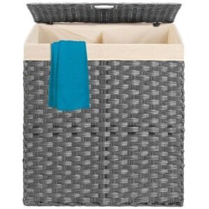 Wicker Double Laundry Hamper, Divided Storage Basket w/ Linen Liner, Handles - Gray